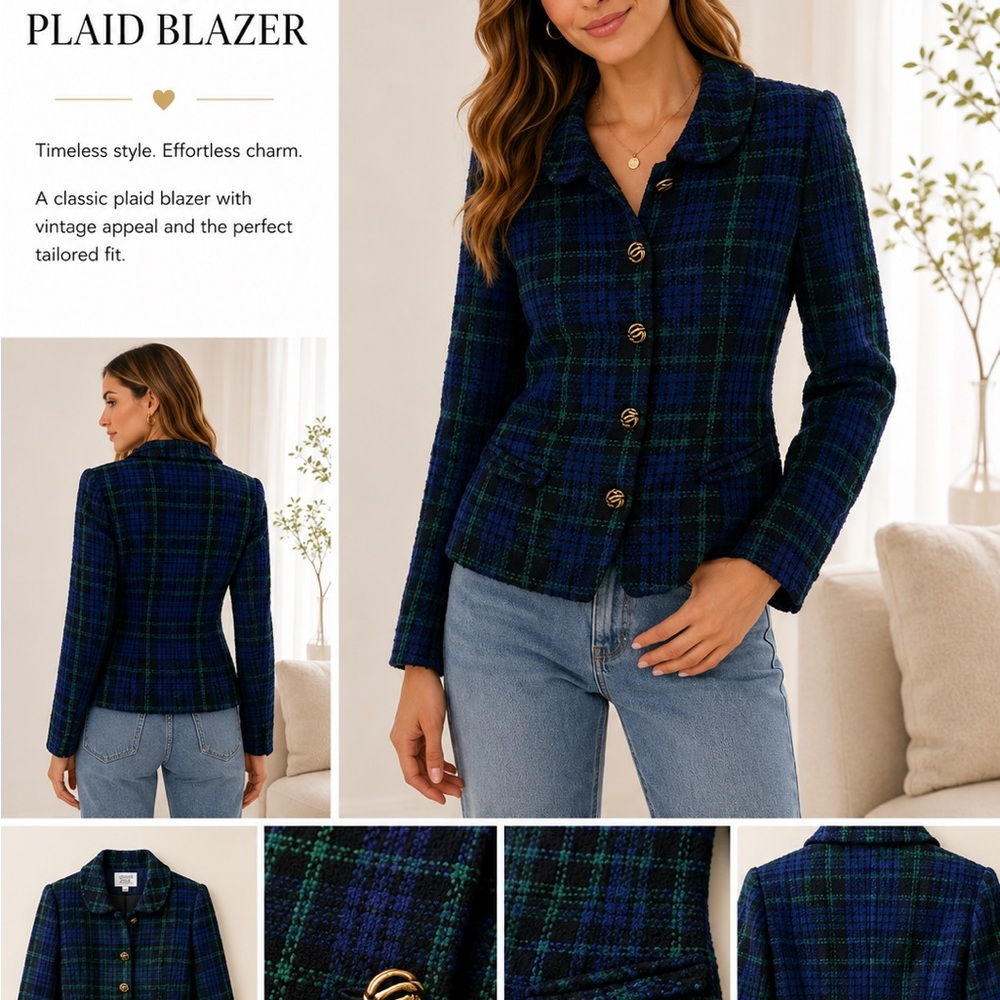Amanda Smith Navy & Green Plaid Tailored Blazer